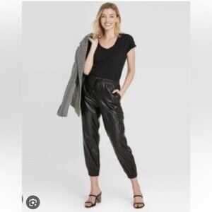 A New Day Black Faux Leather Joggers Size S Elastic Waist & Cuffs With Side Pock